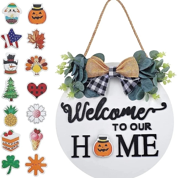 WELCOME TO OUR HOME WHITE INTERCHANGEABLE WOODEN SIGN DOORKNOCKER SIZE 1… - Picture 8 of 11